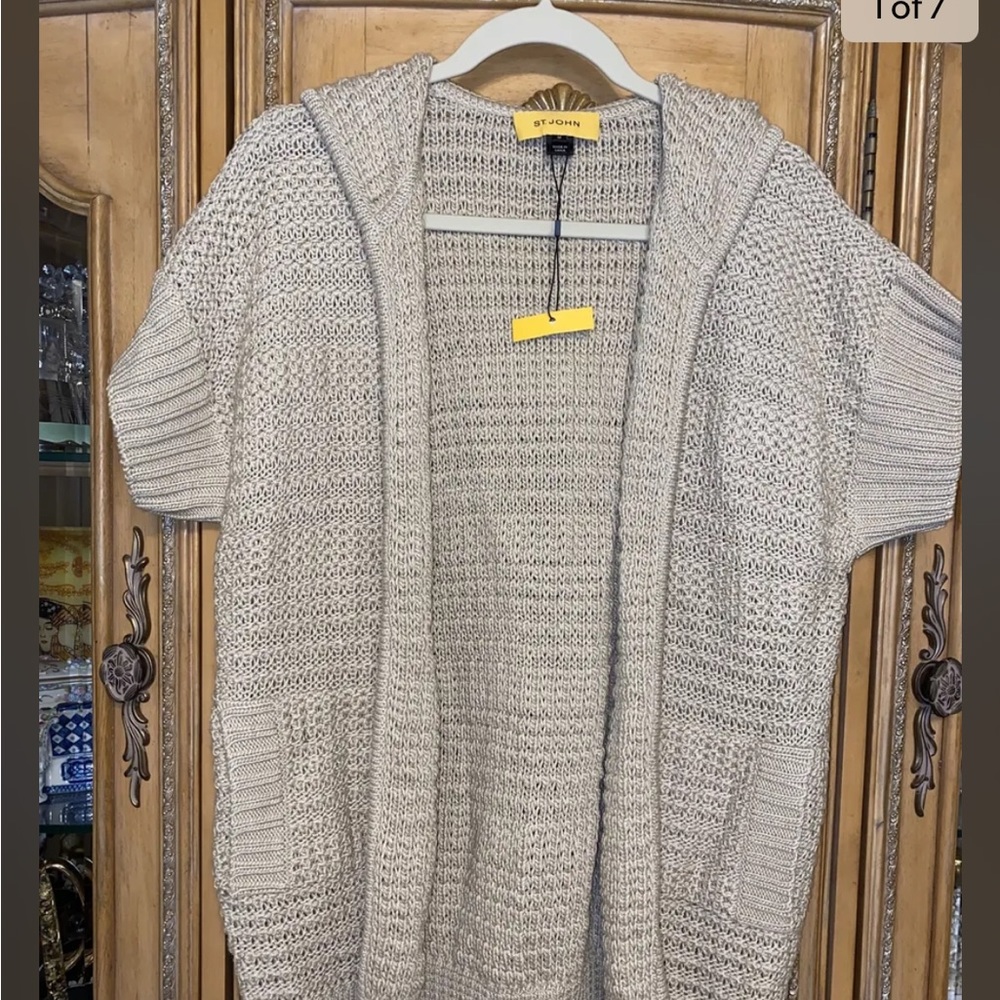 St. John Womens Size Medium NWT! Sand Shimmer Open Cardigan w/Hoodie & Pockets!